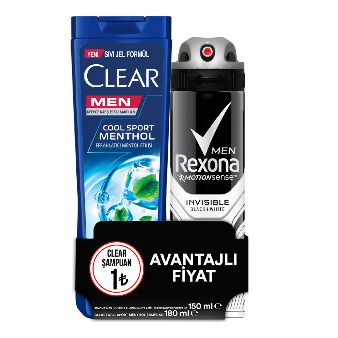 Rexona Men Invisible Black White Deodorant 150 ml + Clear Men Cool Sport Menthol Şampuan 180 ml - 1