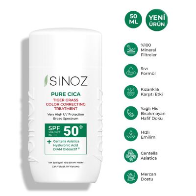 Sinoz Spf50+ Pure Cica Tiger Grass Anında Ton Eşitleyici Sıvı Güneş Kremi - Mineral Filtre 50 ml - 2